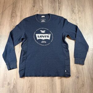 Levi's Shirt Mens XL Blue Thermal Henley Long Sleeve Crewneck Logo Graphic